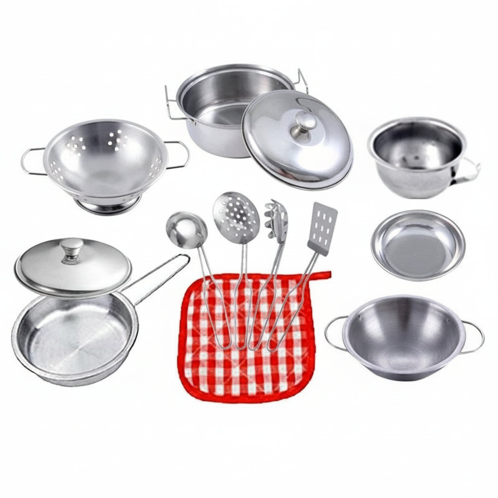 Set of 13 stainless steel cookware items including pots, pans, and utensils on a white background.