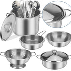 Set of stainless steel cookware including pots, pans, and utensils on a white background.