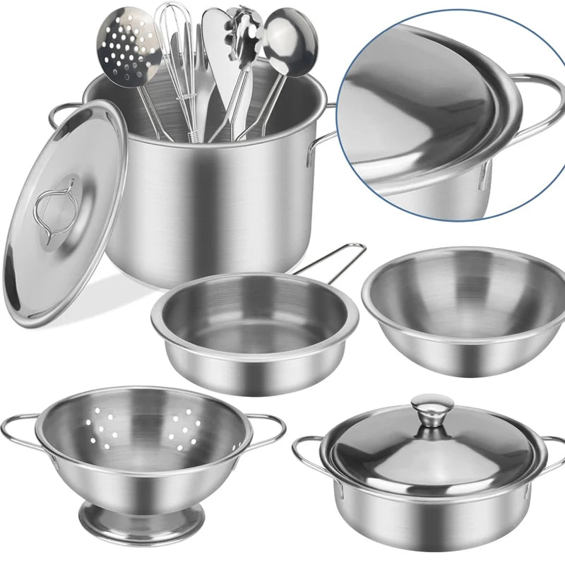 Set of stainless steel cookware including pots, pans, and utensils on a white background.
