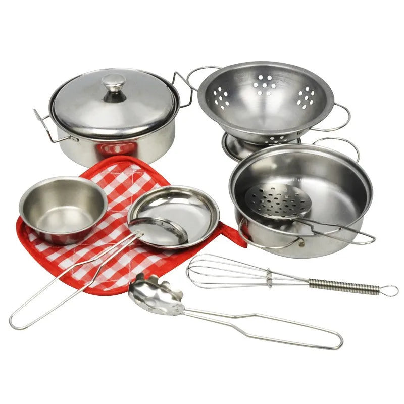 Set of stainless steel cookware including pots, pans, and utensils on a white background.