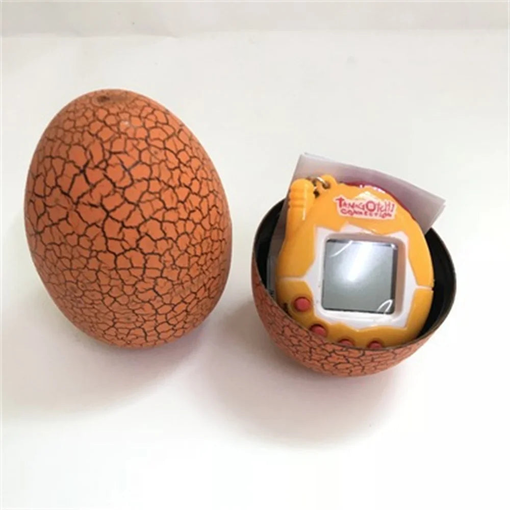 Tamagotchi-like device in a cracked egg壳 on a white background