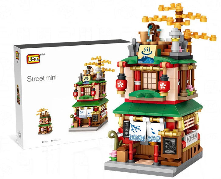 LOZ mini block set with a detailed building model and packaging on a white background