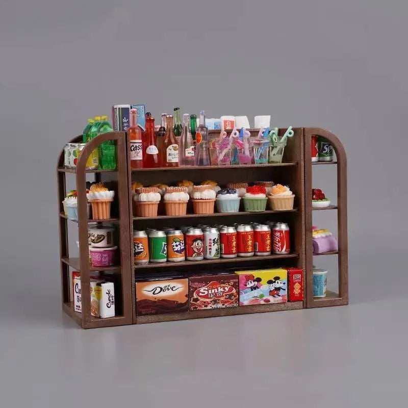 Wooden shelf with miniature food and drink items on a gray background