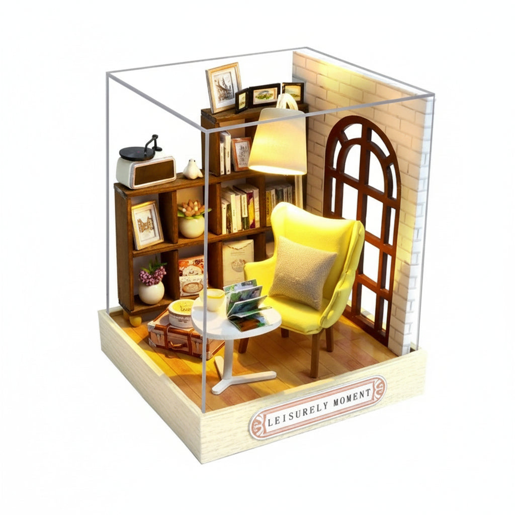 Miniature model of a cozy room with a yellow chair, bookshelf, and lamp, with dimensions indicated.