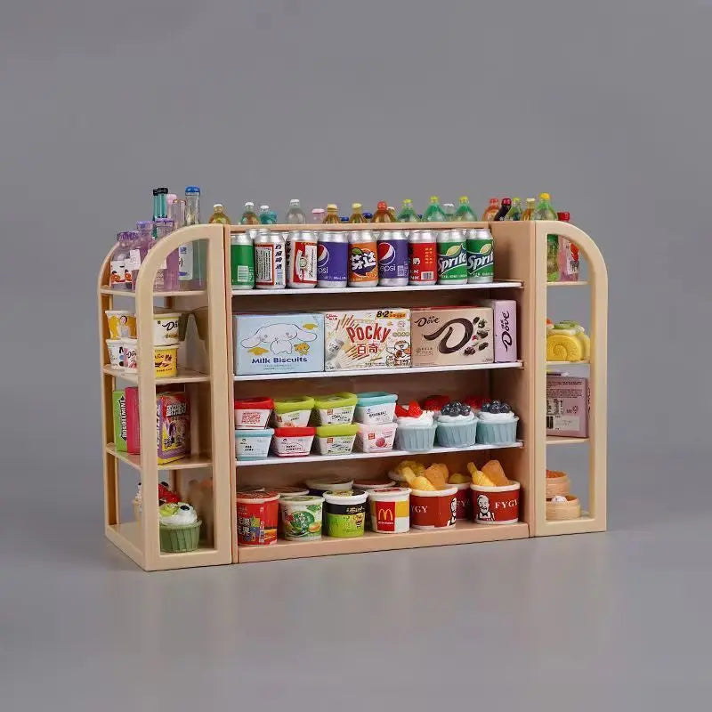 Miniature grocery store shelf with various products on a gray background