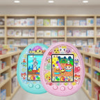 Simulation pet machine with colorful design and screen displaying cartoon characters, on a bright background.