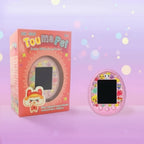 Pink 'Touma Pet' toy with packaging and dimensions on a light purple background