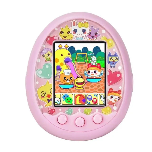 Pink electronic toy with colorful display and character icons on a white background