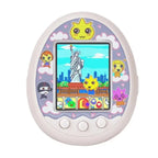 Toy-like device with a screen displaying a cityscape and cartoon characters on a white background